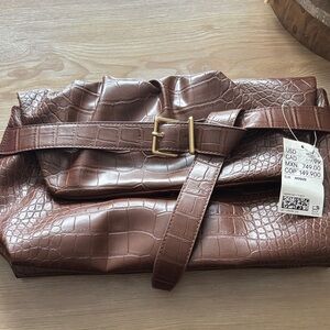 Brown Croc-Embossed Belted Bag